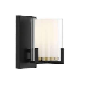 Eaton 6 in. W x 8.25 in. H 1-Light Matte Black with Warm Brass Accents Wall Sconce with Clear/White Opal Glass Shade