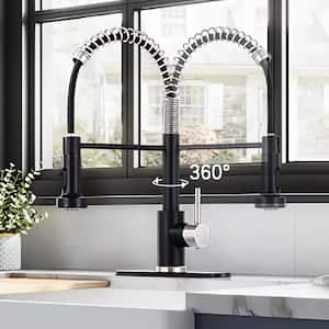 Single Handle Pull Down Sprayer Kitchen Faucet Spring Stainless Steel Kitchen Sink Faucet in Matte Black&Brushed Nickel