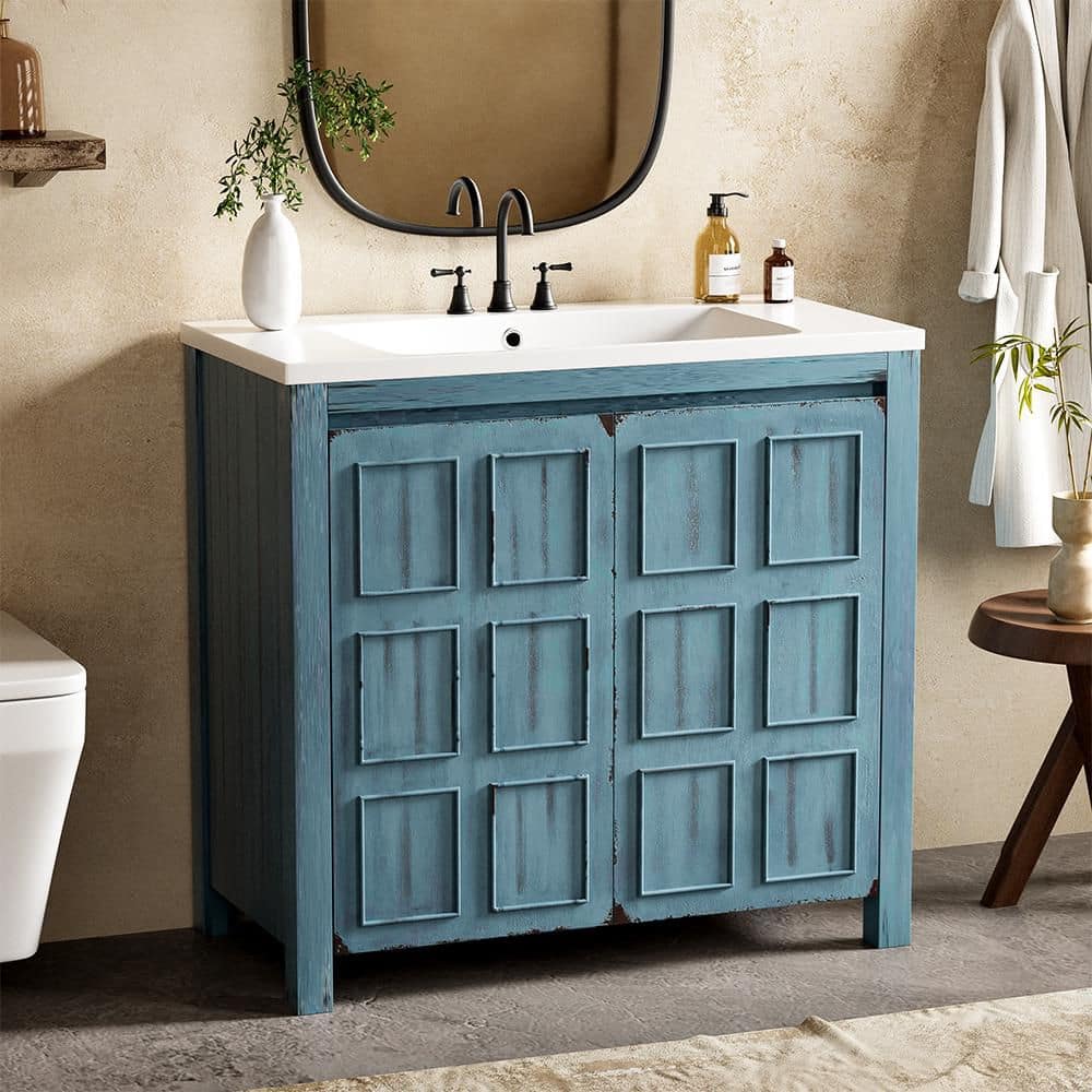 36 in. W x 18 in. D x 34 in. H in Single Sink Freestanding Retro Blue Bath 