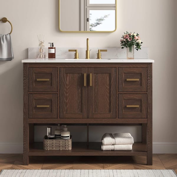 Sonia 43 in. Single Sink Freestanding Walnut Bath Vanity with White Engineered Stone Top and Backsplash Assembled