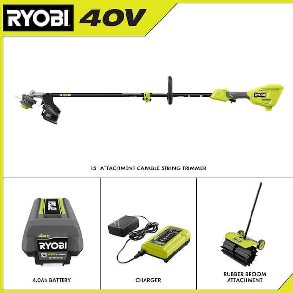 40V 15 in. Expand-It Cordless Battery Attachment Capable String Trimmer & Rubber Sweeper w/ 4.0 Ah Battery & Charger