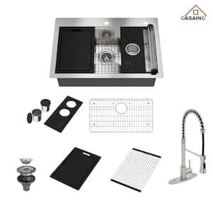 Handmade All-in-One 33 in. Drop-in Single Bowl Stainless Steel Kitchen Sink with Faucet