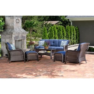 Strathmere 6-Piece Wicker Patio Conversation Set with Navy Blue Cushions