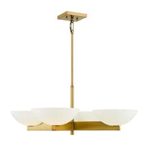 Fallon 30 in. W x 11 in. H 4-Light Warm Brass Chandelier with White Opal Glass Shades