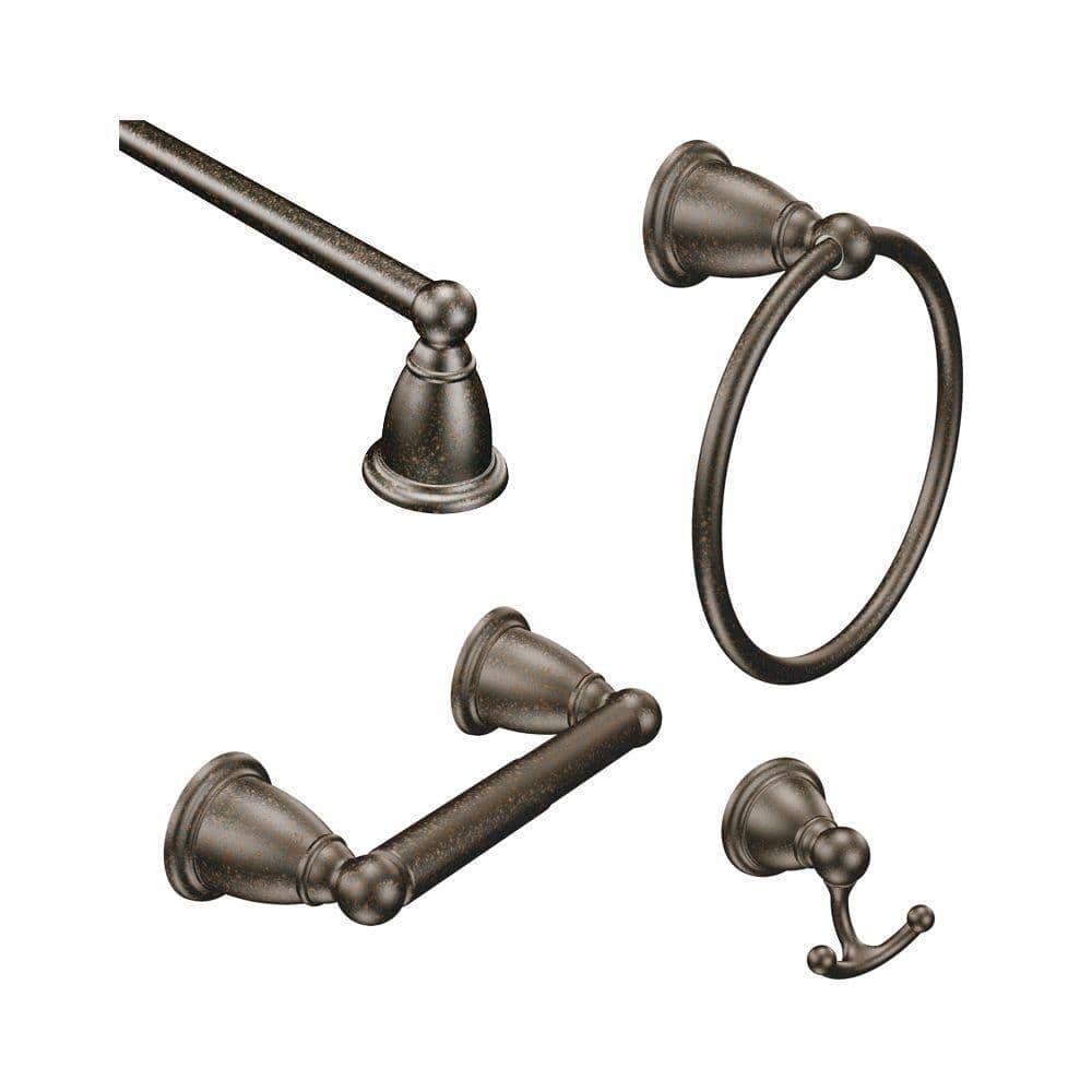 MOEN Brantford 4-Piece Bath Hardware Set with 18 in. Towel Bar, Paper Holder, Towel Ring and Robe Hook in Oil Rubbed Bronze -  BrantORB4PC18