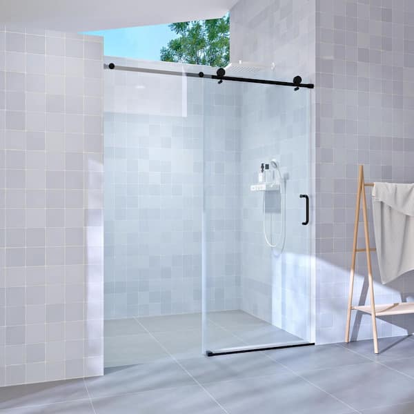 60 in. W x 76 in. H Single Sliding frameless Bypass Bathroom Shower Door with 1/4 in. Tempered Glass in Matte Black