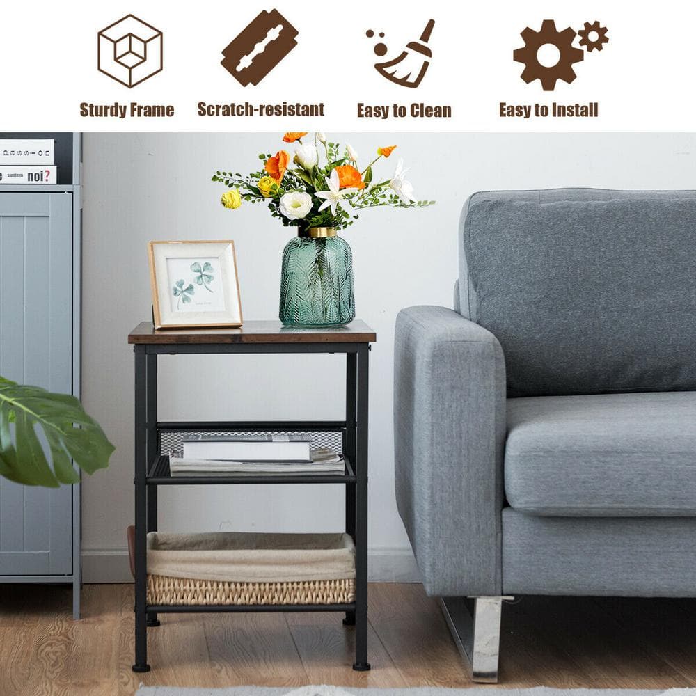 Rustic Brown 3-Tier Wood and Metal End Table