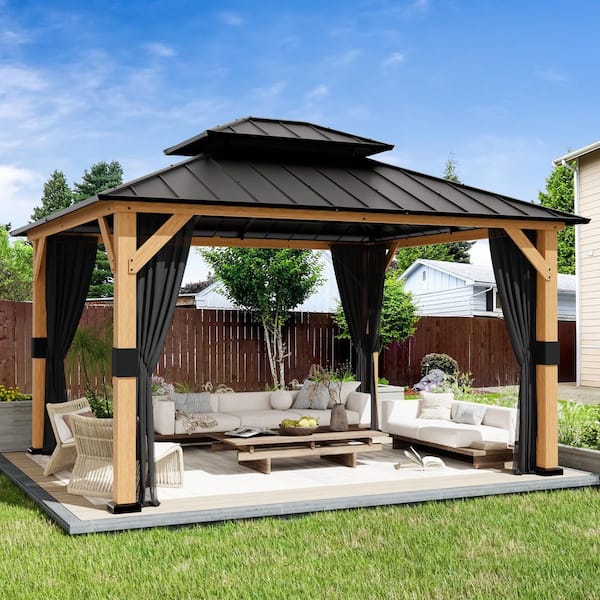 13 ft. x 11 ft. Wood Frame Outdoor Patio Hardtop Gazebo with Double Galvanized Steel Roof and Mosquito Netting