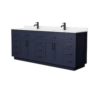 Beckett TK 84 in. W x 22 in. D x 35 in. H Double Sink Bath Vanity in Dark Blue with Matte Black Trim White Quartz Top