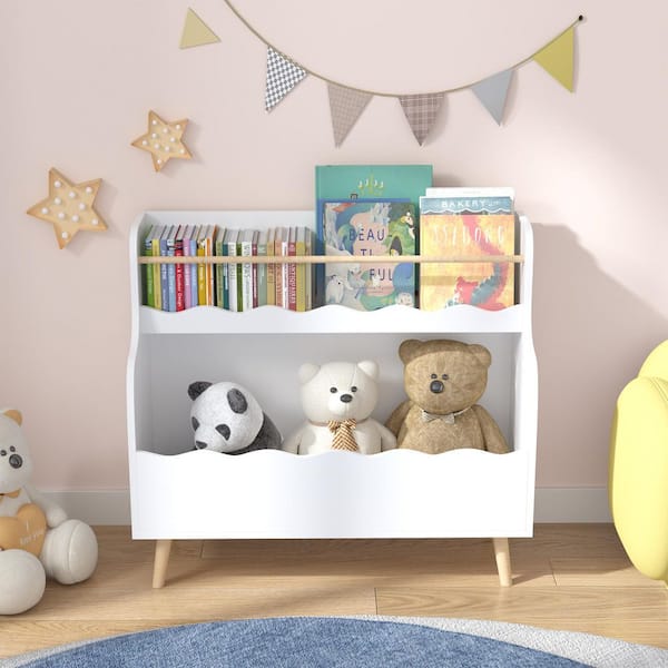 Pren 29.33 in. Tall White MDF Wood 2-Tier Kids Bookcase with Open Display Shelves
