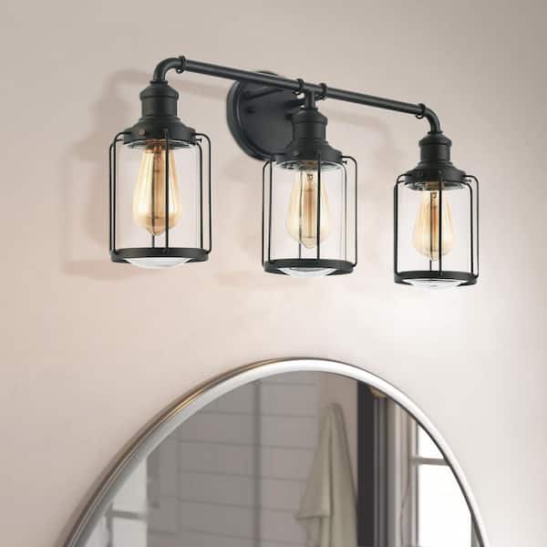 24 in. W 3-Light Matte Black Vanity Light with Clear Glass Shade