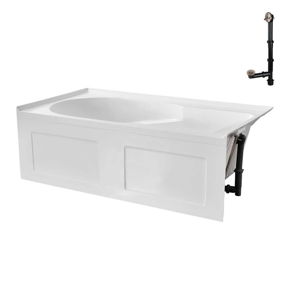 Glossy White Acrylic Right-Hand Drain Alcove Bathtub with Brushed Nickel External Drain