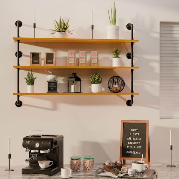 Industrial Series 48 in W x 9.85 in D Rustic Natural Wood Pipe Floating Decorative Wall Shelf