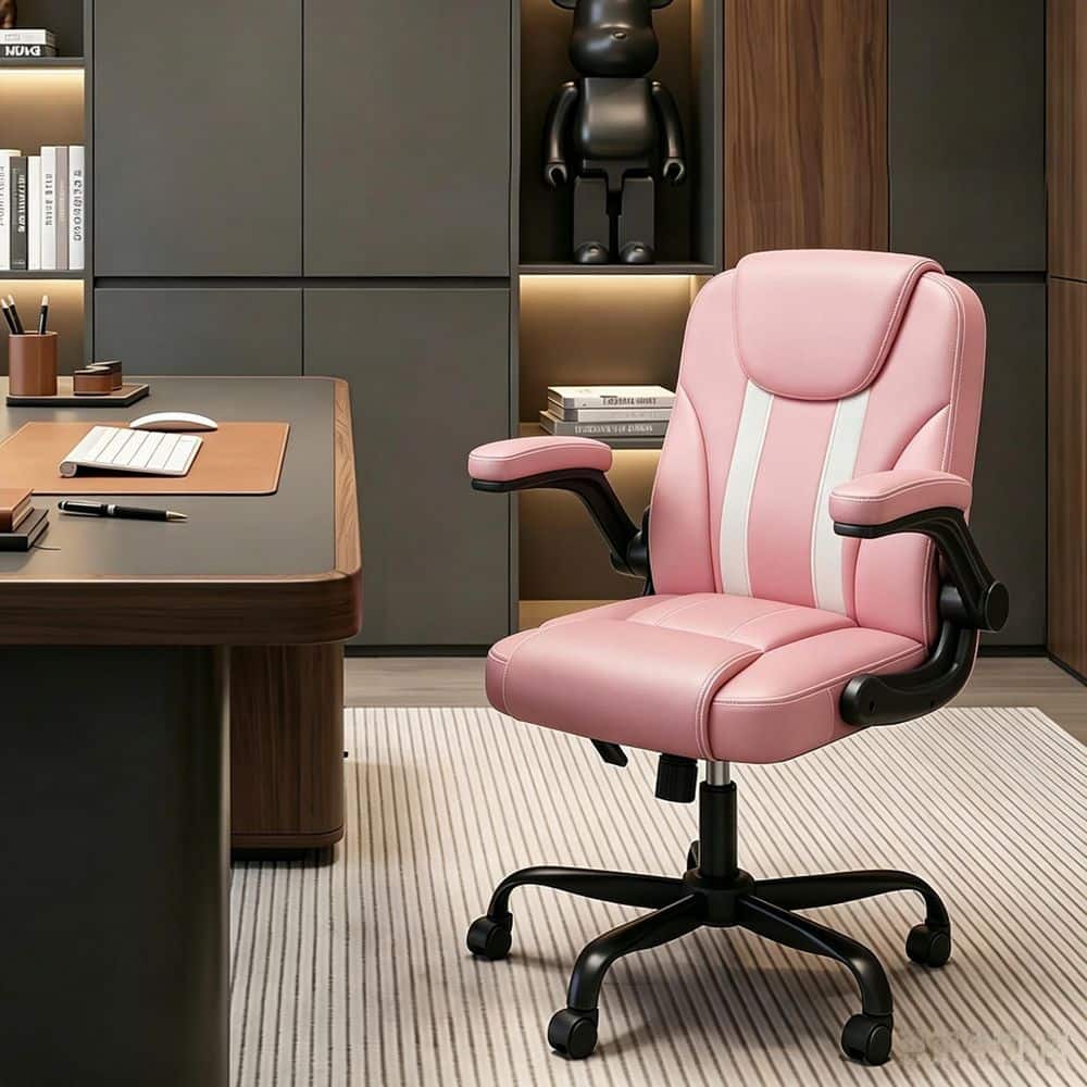 Ergonomic PU Leather Swivel Executive Chair in Pink with Adjustable Height,Lumbar Support,Flip-Up Armrests for Office