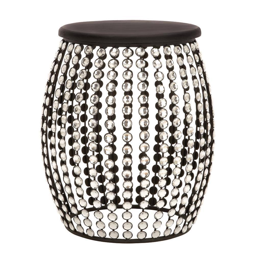 Glam Black Iron and Wood Round Accent Table with Crystal Embellishments