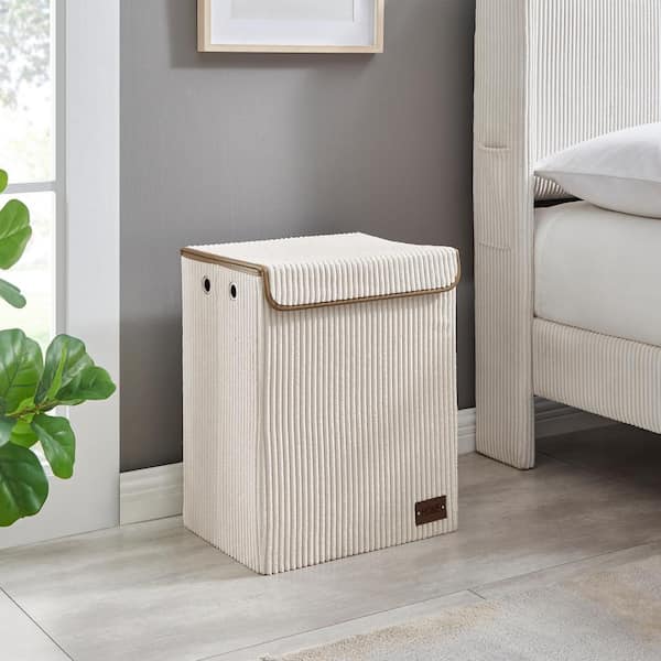 Collapsible Folding Corduroy Cotton Fabric Minimal Modern Rectangle Laundry Hamper Storage - Cream White