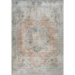 Terra/Blue 8 ft. x 10 ft. Armae Distressed Medallion Chenille Machine-Washable Area Rug