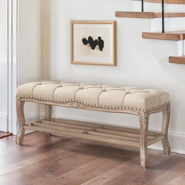 45.3 in. Julio Linen Upholstered Wood Frame Button-Tufted Storage Bench with Shoe Rack and Distressed Legs