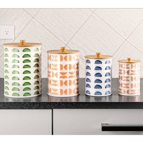 4-Piece Patterned Iron Kitchen Canister Set with Airtight Bamboo Lids, Countertop Storage Jars