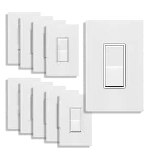 15 Amp Single Pole Decorator Rocker Light Switch with Midsize Screwless Wall Plate, White (10-Pack)