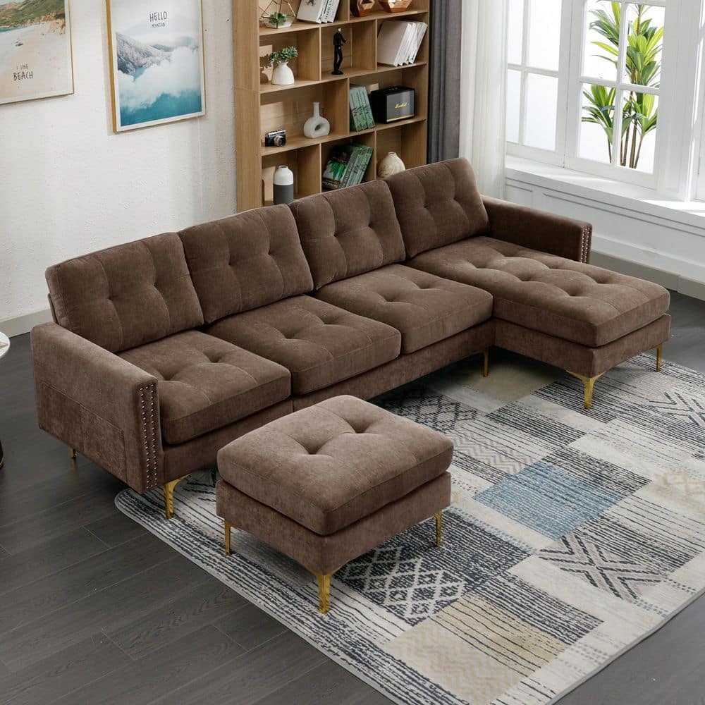 111 in. Soft Velvet Modern Sectional Sofa in Brown with Ottoman, Side Storage Pockets and Metal Legs price history on PriceWatchPro