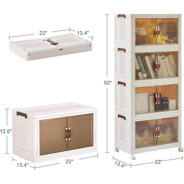 Storage Bins Lid, 4-Pack Stackable Plastic Collapsible Cabinet, Foldable Organizer with Wheel and Double Door White