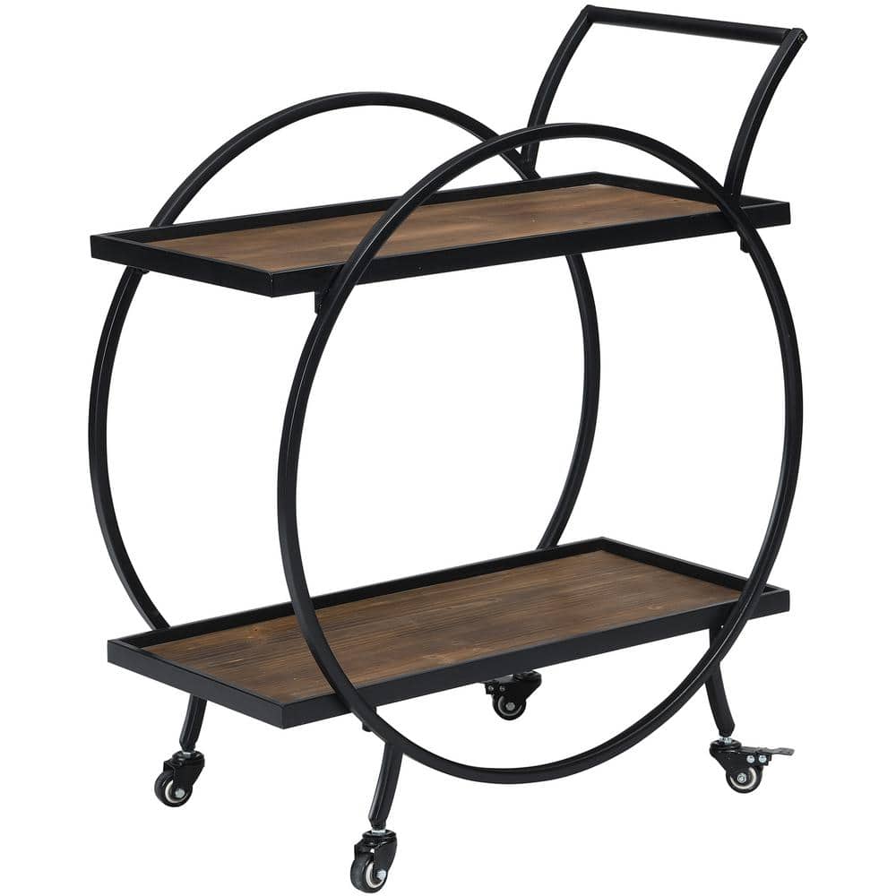 Odessa Black and Brown Round Metal Bar Cart with Storage