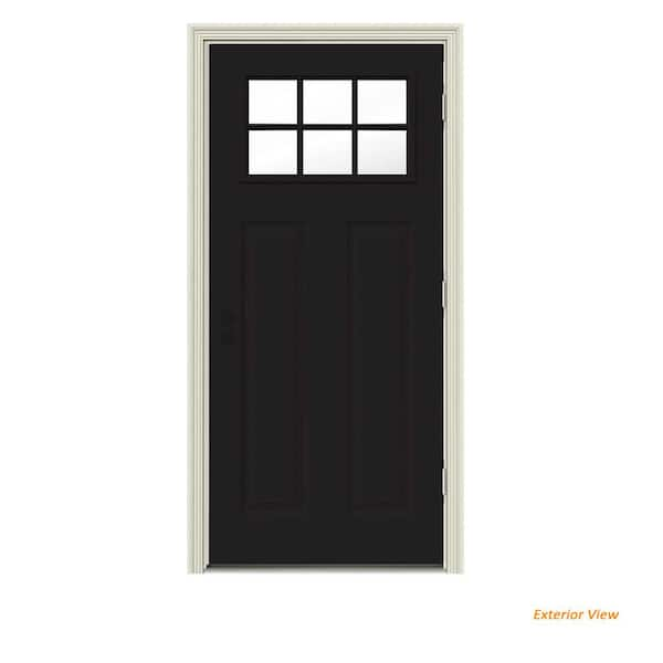 JELD-WEN - 32 in. x 80 in. 6 Lite Craftsman Black Painted Steel Prehung Left-Hand Outswing Front Door w/Brickmould