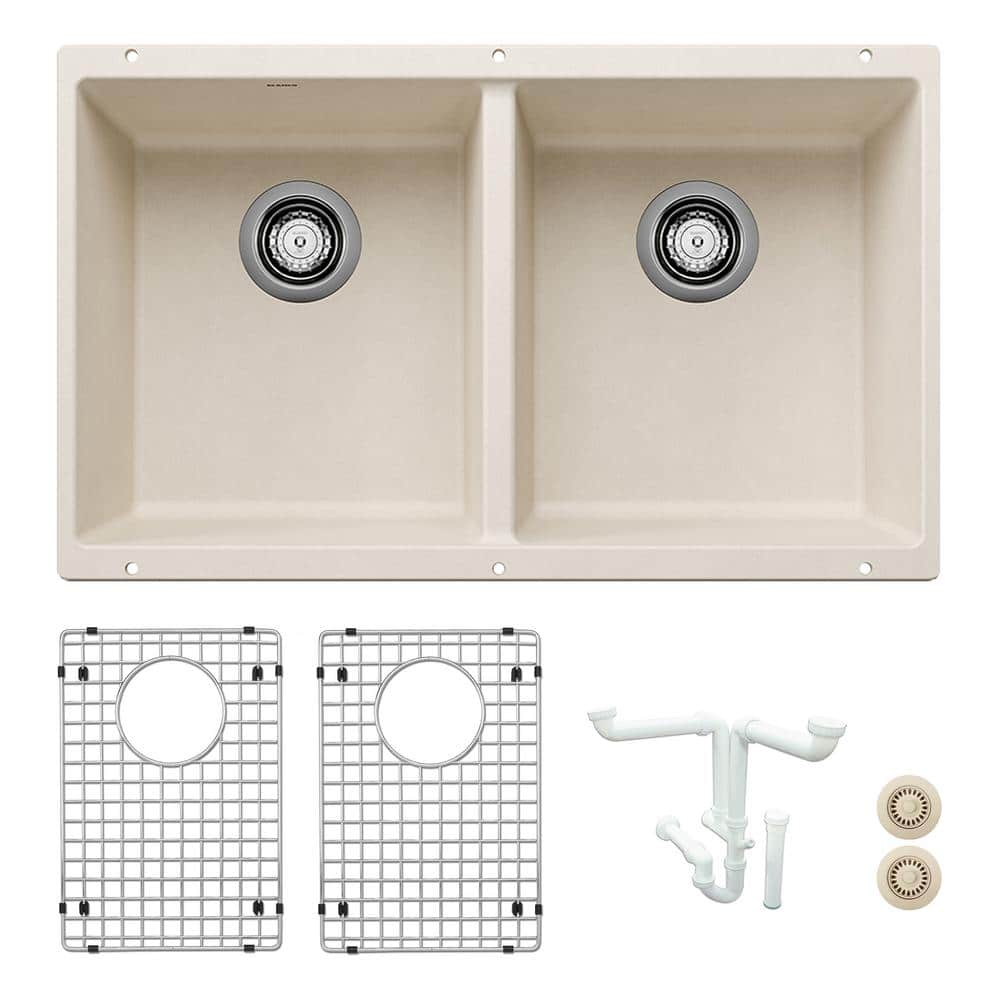 Precis 29.75 in. Undermount Double Bowl Soft White Granite Composite Kitche