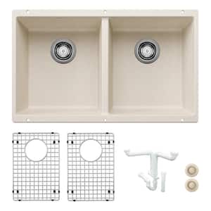 Precis 29.75 in. Undermount Double Bowl Soft White Granite Composite Kitchen Sink Kit with Accessories