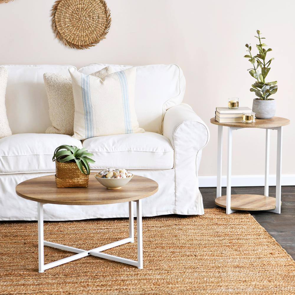 Round Coastal Oak and White Metal Coffee Table