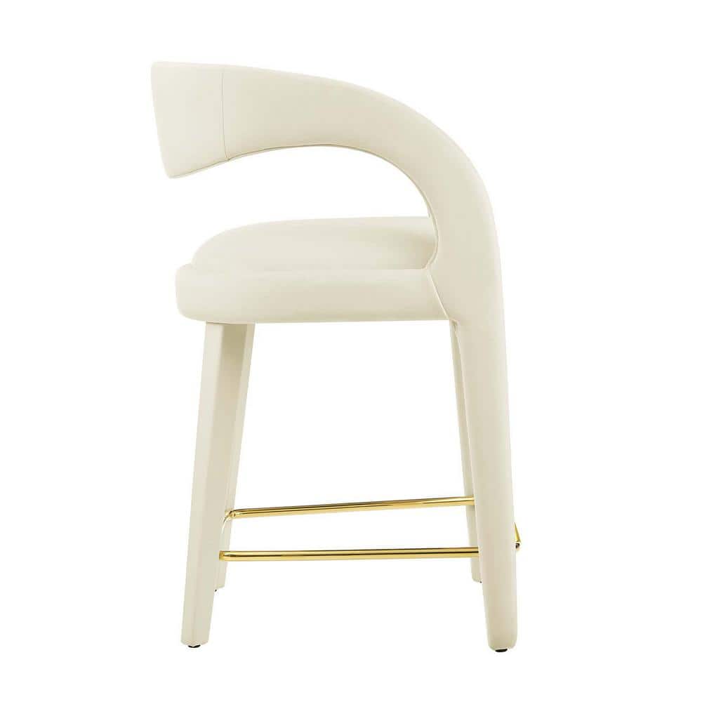 Ivory Gold Velvet Upholstered Counter Stools with Metal Footrest, Set of Two