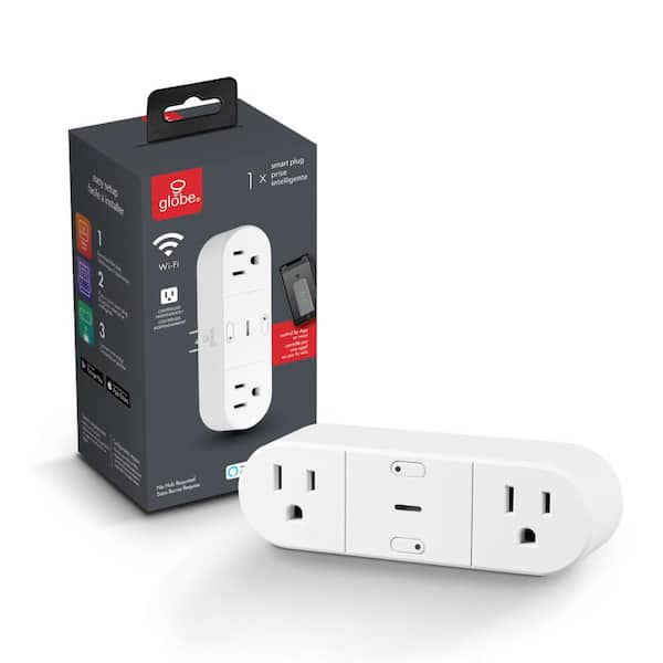 Globe Electric 15 Amp Wi-Fi Smart Plug, No Hub Required, Voice Activated, 2 Grounded Outlets, White