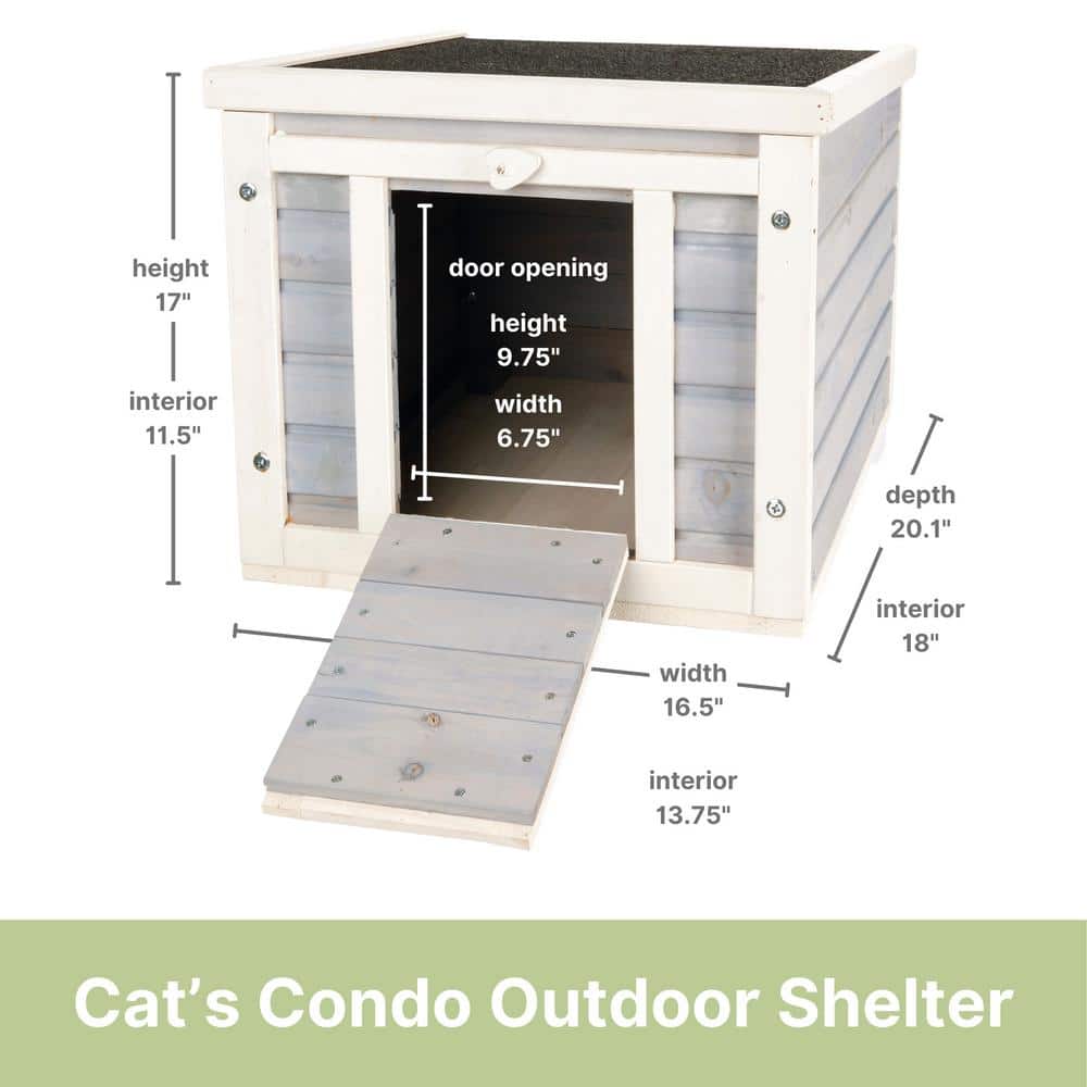 Gray and White Wooden Cat Condo with Hinged Roof