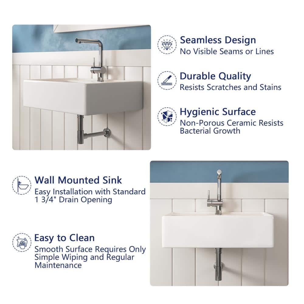23'' White Ceramic Rectangular Wall-Mount Bathroom Sink
