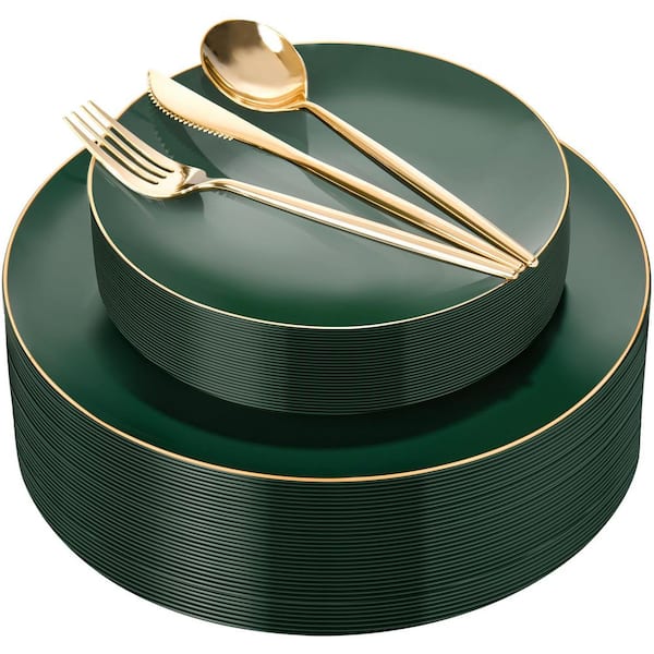 150-Piece Green Plastic Dinnerware Set with Gold Rim, 30 Dinner Plates, 30 Dessert Plates and Silverware for Party