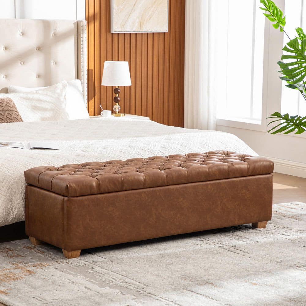 Amara Modern Brown 60.24 in. Upholstered Faux Leather Storage Bedroom Bench with Tufted Flip-Top