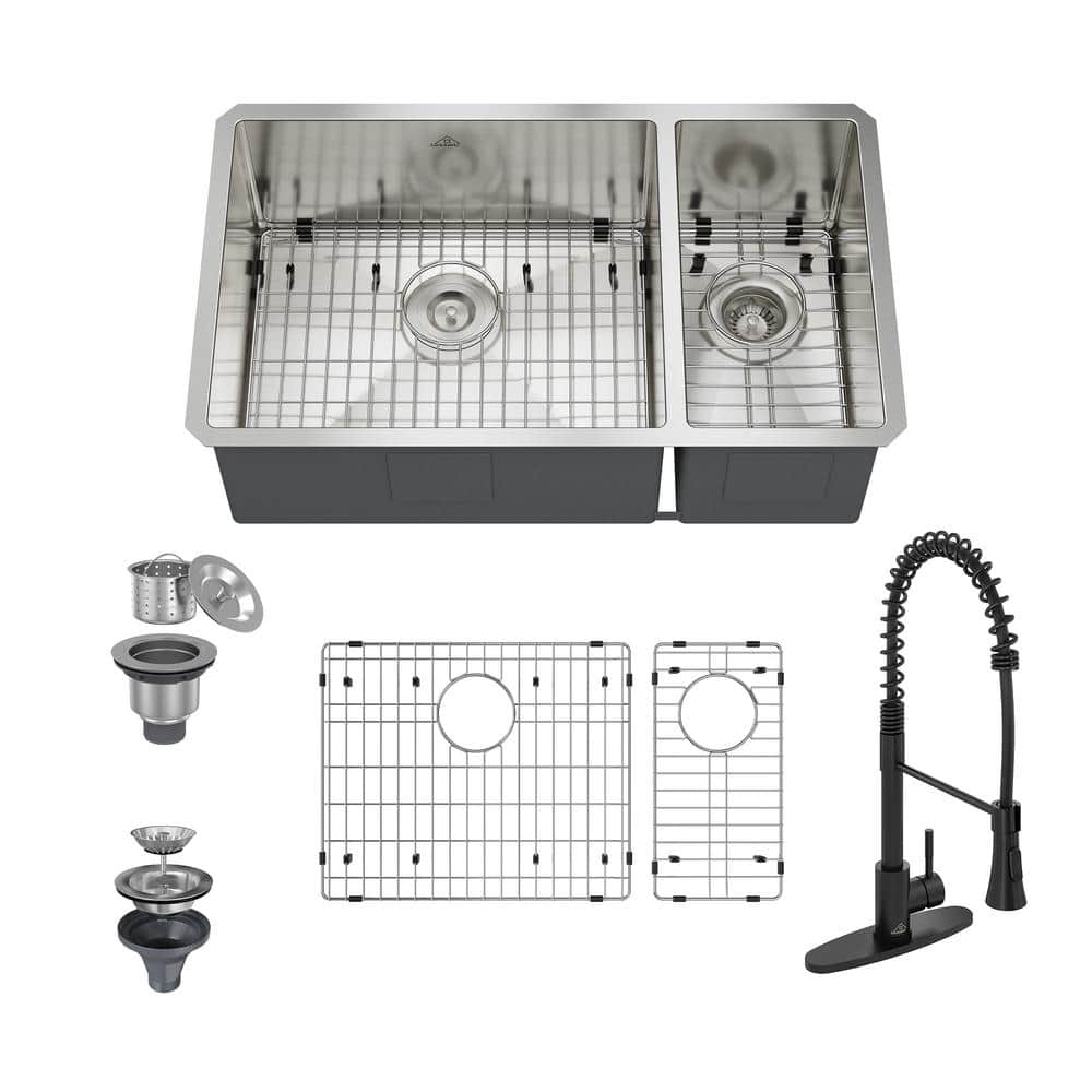 32" Stainless Steel Undermount Double Bowl Kitchen Sink with Matte Black Faucet