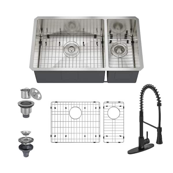 CASAINC 32 in. Undermount Double Bowl 16-Gauge Stainless Steel Kitchen Sink with Faucet