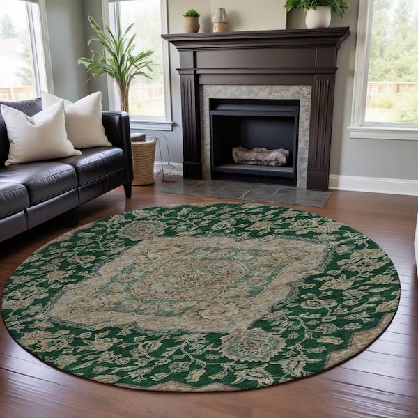 Mayfield Premium Machine Washable Abstract AMF1151 Emerald 8 ft. x 8 ft. Round Rug