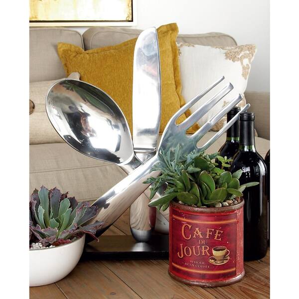 Litton Lane 4 in. x 17 in. Silver Aluminum Utensils Sculpture with Black Base