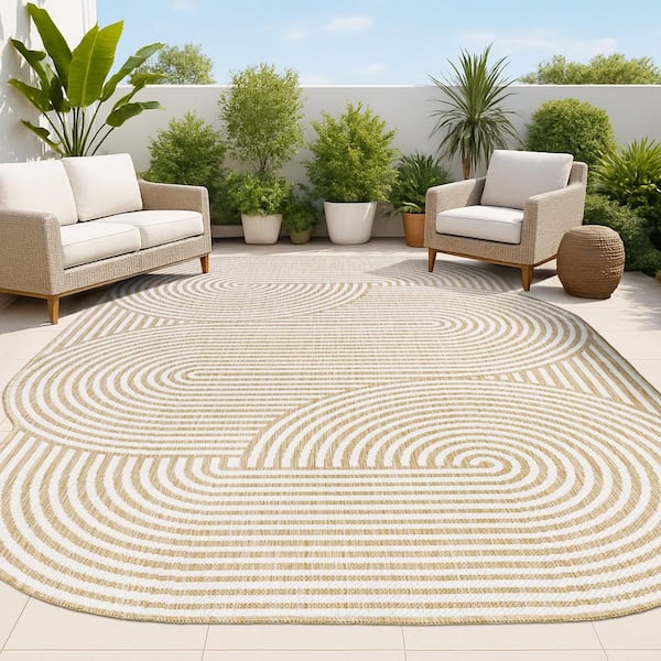 Margot Modern Geometric Arch Stripe Cream/Natural 8 ft. x 10 ft. Indoor/Outdoor Shaped Area Rug