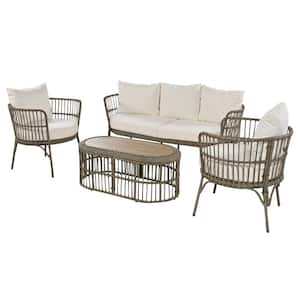 4-Piece Brown PE Rattan Metal Iron Outdoor Patio Furniture Conversation Sectional Set with Wood Table and Beige Cushions