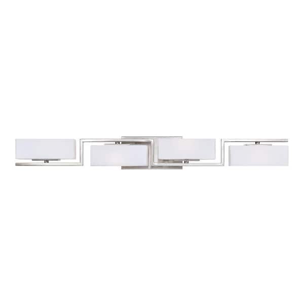 Meridian 33.75 in. 4-Light Satin Platinum Retro Vanity Light with White Opal Glass Shades