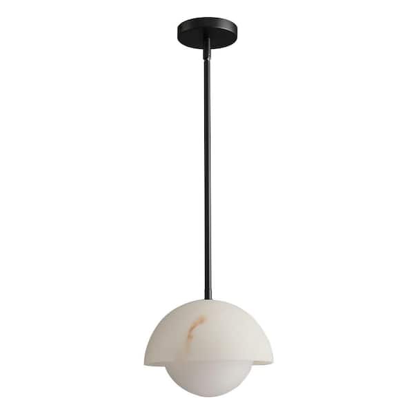 10 in. 1-Light Height Adjustable Matte Black Modern Kitchen Island Pendant Hanging Light With Opal Dome Glass Shade