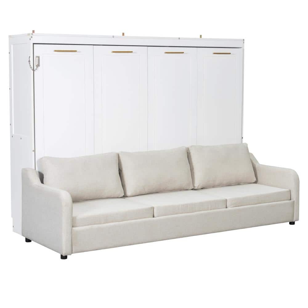Beige MDF Frame Queen Murphy Bed with Folding Sofa, Built-in Storage Shelves and LED Light price history on PriceWatchPro