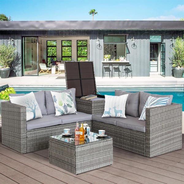 4-Piece Patio Outdoor Furniture Conversation Set with Storage Box, Gray