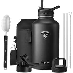 64 oz. Insulated Water Bottle Vacuum Stainless Steel Sports Water Jug with 3 Lids & Brush in Black