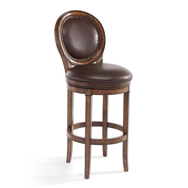 Armen Living Greece 30 in. Kahlua Faux Leather and Chestnut Wood Finish Swivel Bar Stool