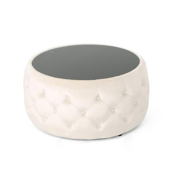 Noble House Chana 30 in. Beige/Black Medium Round Glass Coffee Table